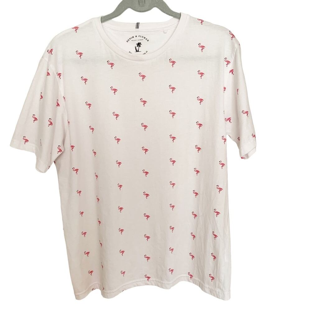 Denim & Flowers Ricky Singh White Flamingo Print Tee Large